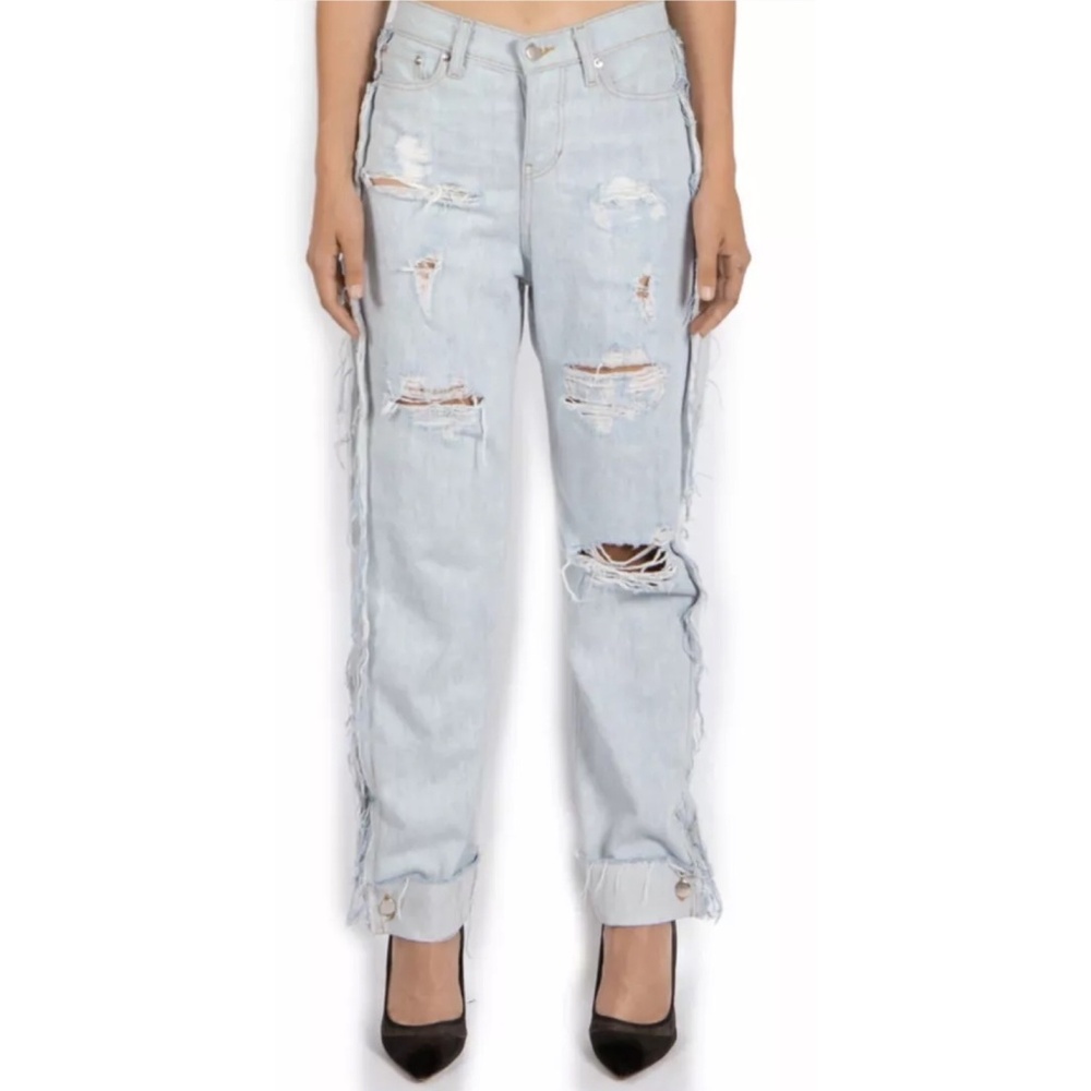 $195 Delafuente High Rise Boyfriend Light Split Distressed Denim Jeans size 29